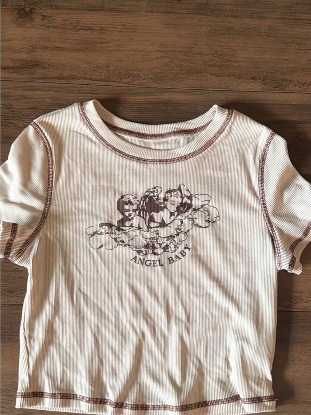 Angel Baby Cream Ribbed Short Sleeve Top with Brown Trim